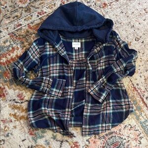 American Eagle Navy Plaid Hooded Button Down Flannel Shirt
